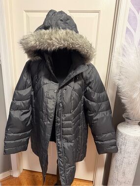 London Fog Gray Hooded Puffer Coat with Faux Fur Trim